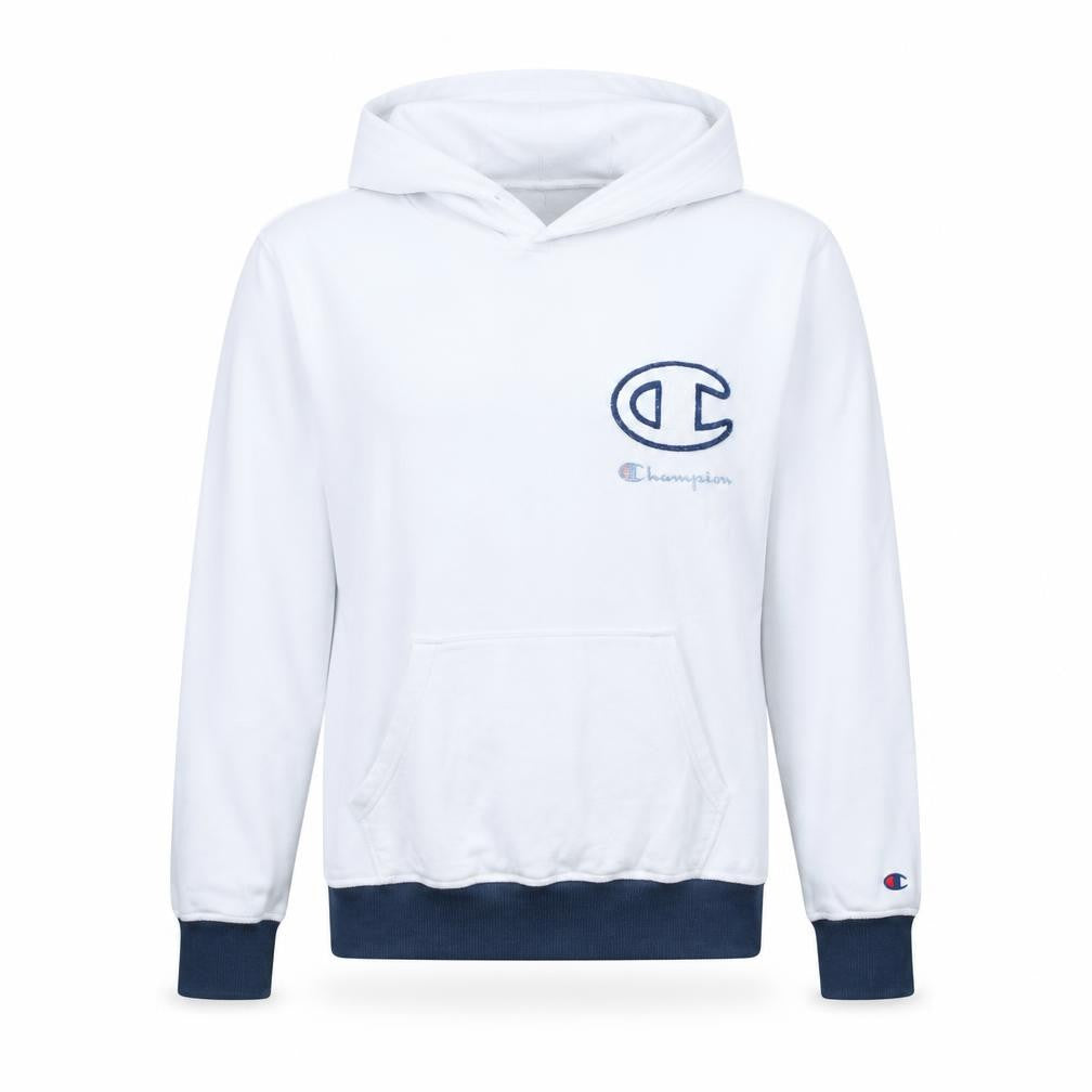 Front view of Champion Men's White Embroidered Pullover Hoodie, size L