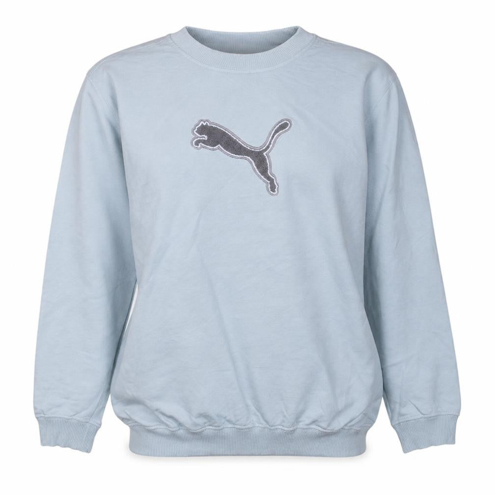Front view of Puma women’s blue pullover sweatshirt, size UK 12, crew neck logo