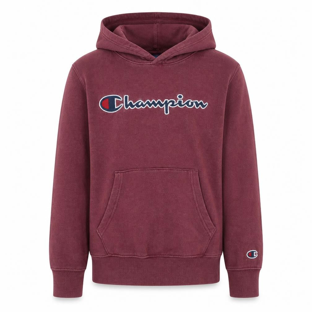 Front view of Champion boys’ burgundy hoodie 11-12 years pullover fleece logo casual