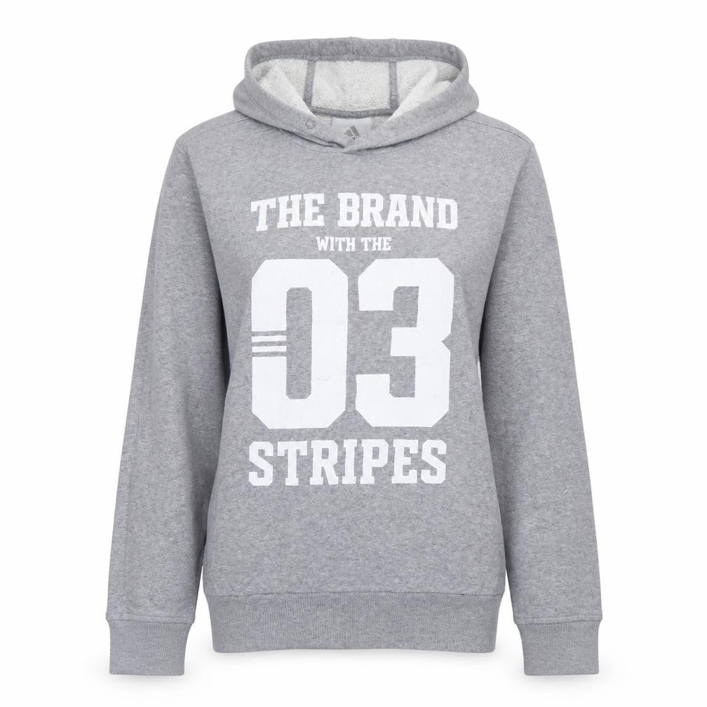 Front view of Adidas women’s grey pullover hoodie small 'the brand with the 03 stripes'