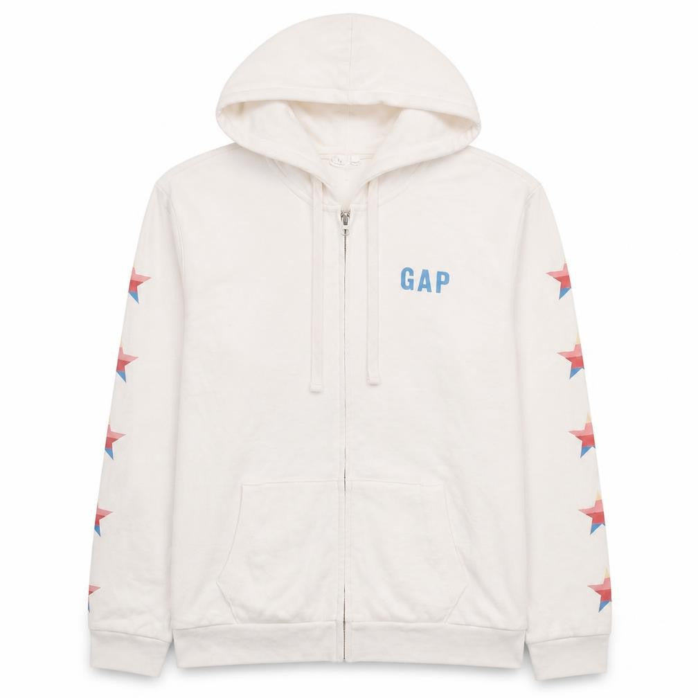 Front view of Gap Men’s White XL Full Zip Hoodie with Star Sleeves