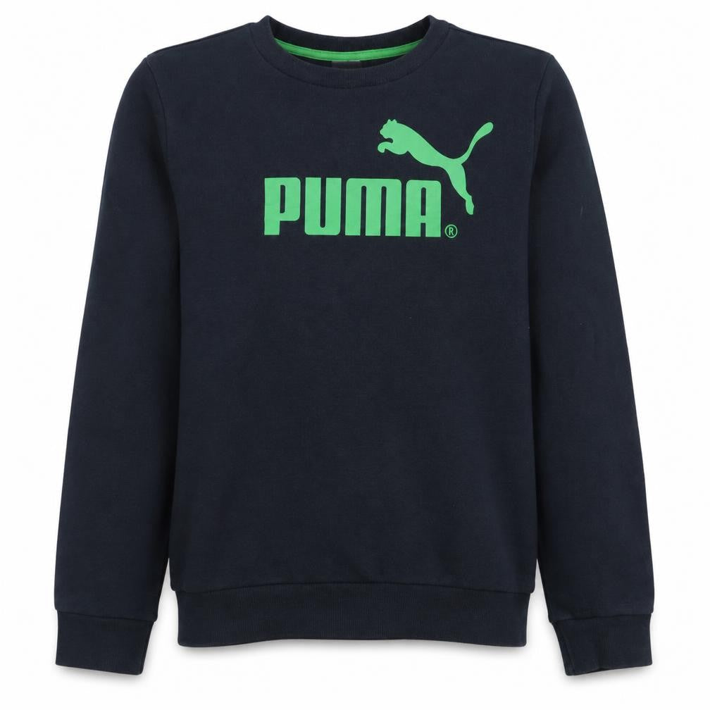 Front view of Puma boys’ black crew neck graphic logo pullover sweatshirt 14 years