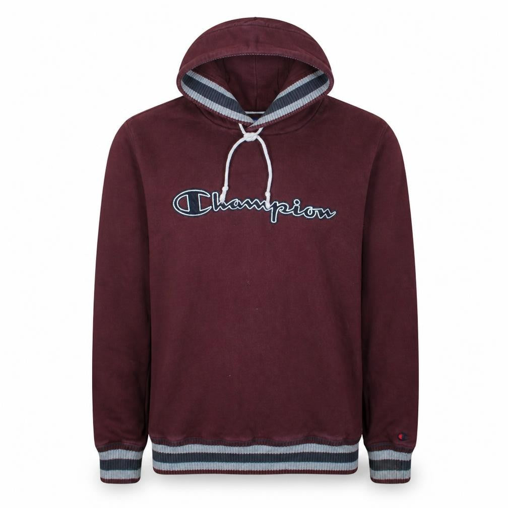 Front view of Champion Men’s Brown Logo Pullover Hoodie, size L, Cotton