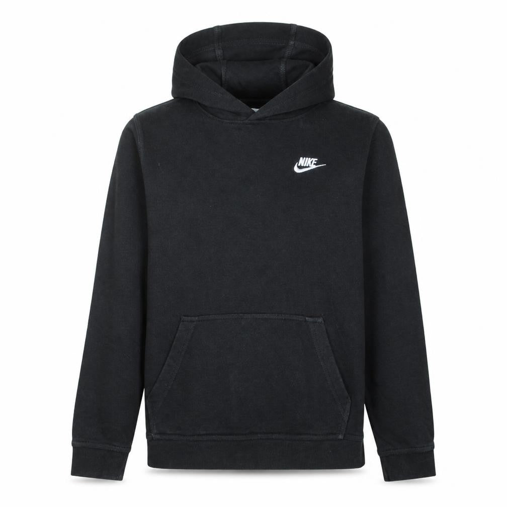 Front view of Nike boys’ black xl pullover fleece hoodie with logo and kangaroo pocket