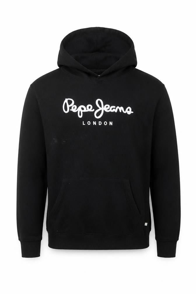 Front view of Pepe Jeans Men Black XL Pullover Hoodie with Logo Print