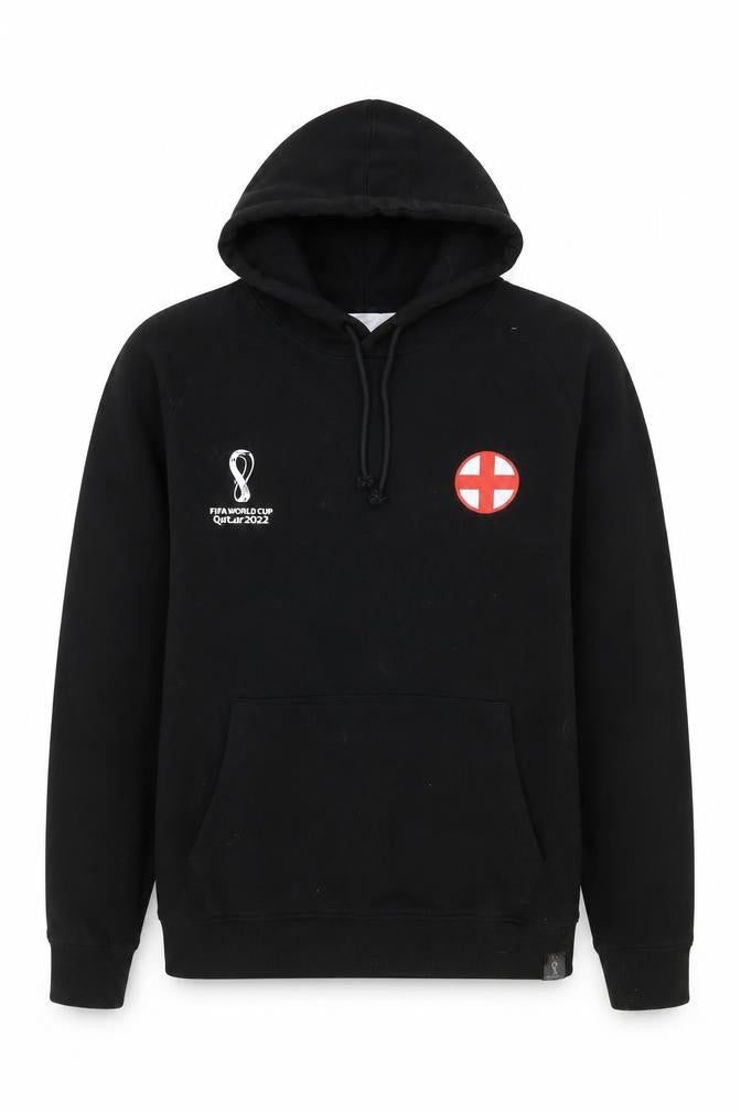 Front view of FIFA World Cup Qatar 2022 England Black Men's Hoodie L Pullover Cotton Blend