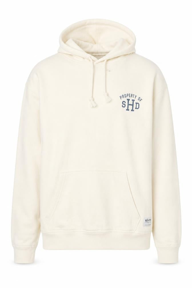 Front view of The Stronghold Men's Ivory Pullover Hoodie M Logo Fleece Sweatshirt