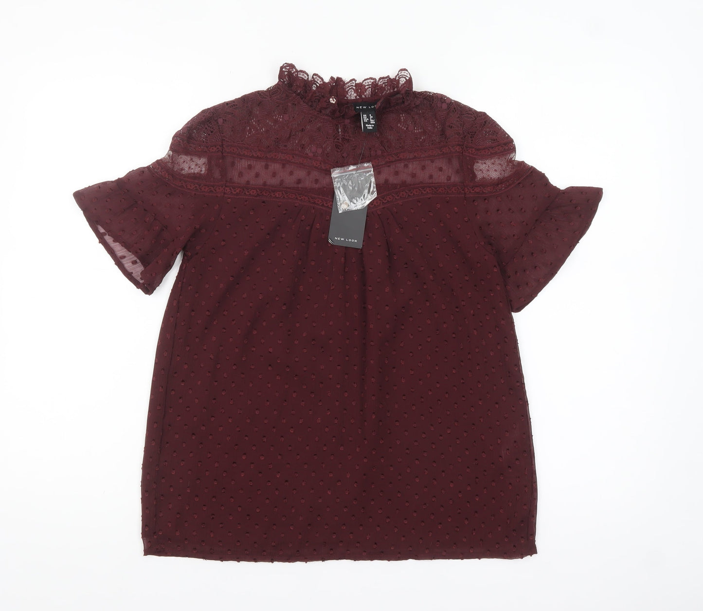 New Look Women’s Red Lace High Neck Short Sleeve Blouse Size 6