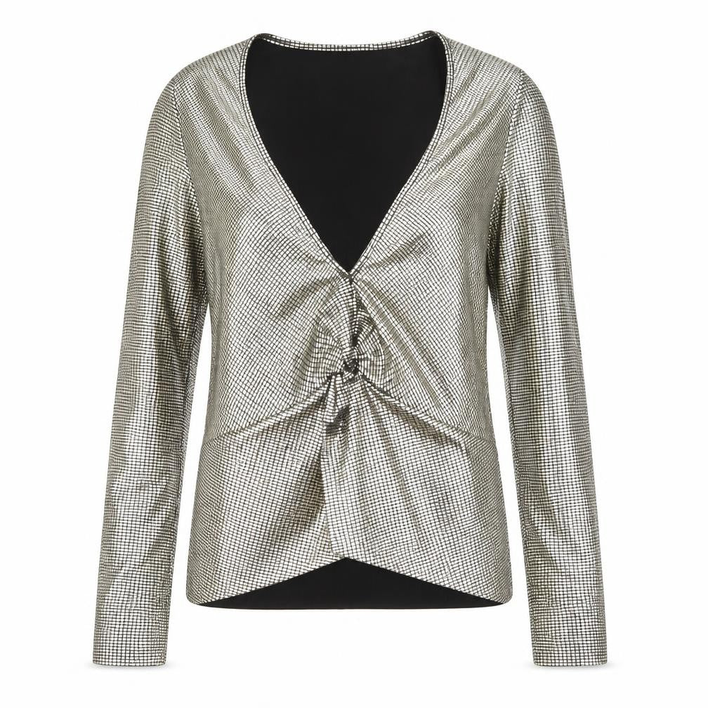 Topshop Womens Gold Metallic Wrap Blouse Size 4 Long Sleeve Party Top