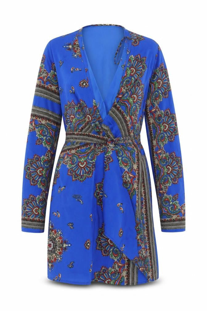 Motel Rocks Women Blue Paisley Wrap Dress UK 6 Long Sleeve Boho Style