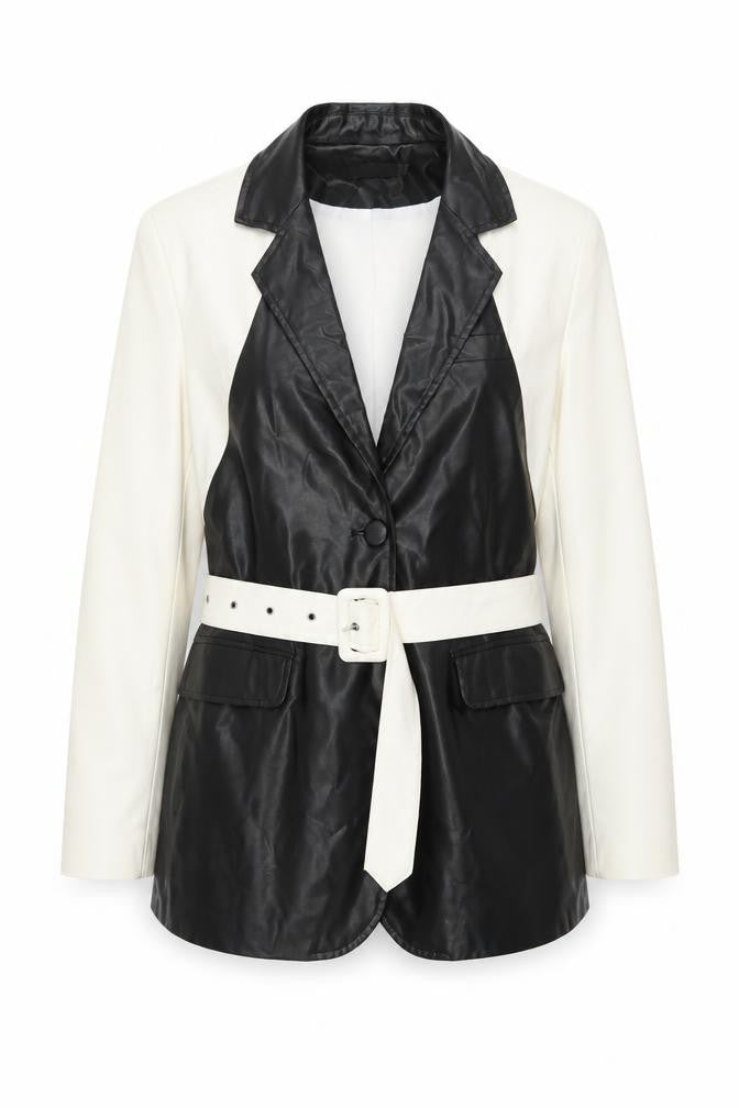 PRETTYLITTLETHING Women's Black White Faux Leather Belted Blazer UK 10