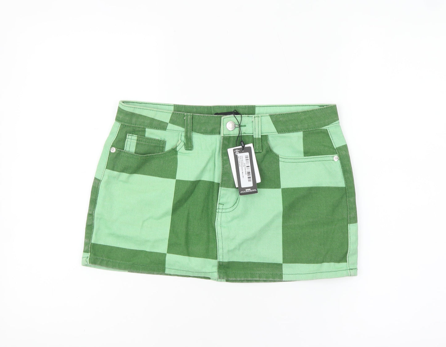 PrettyLittleThing Womens Green Check Mini Denim Skirt UK 10