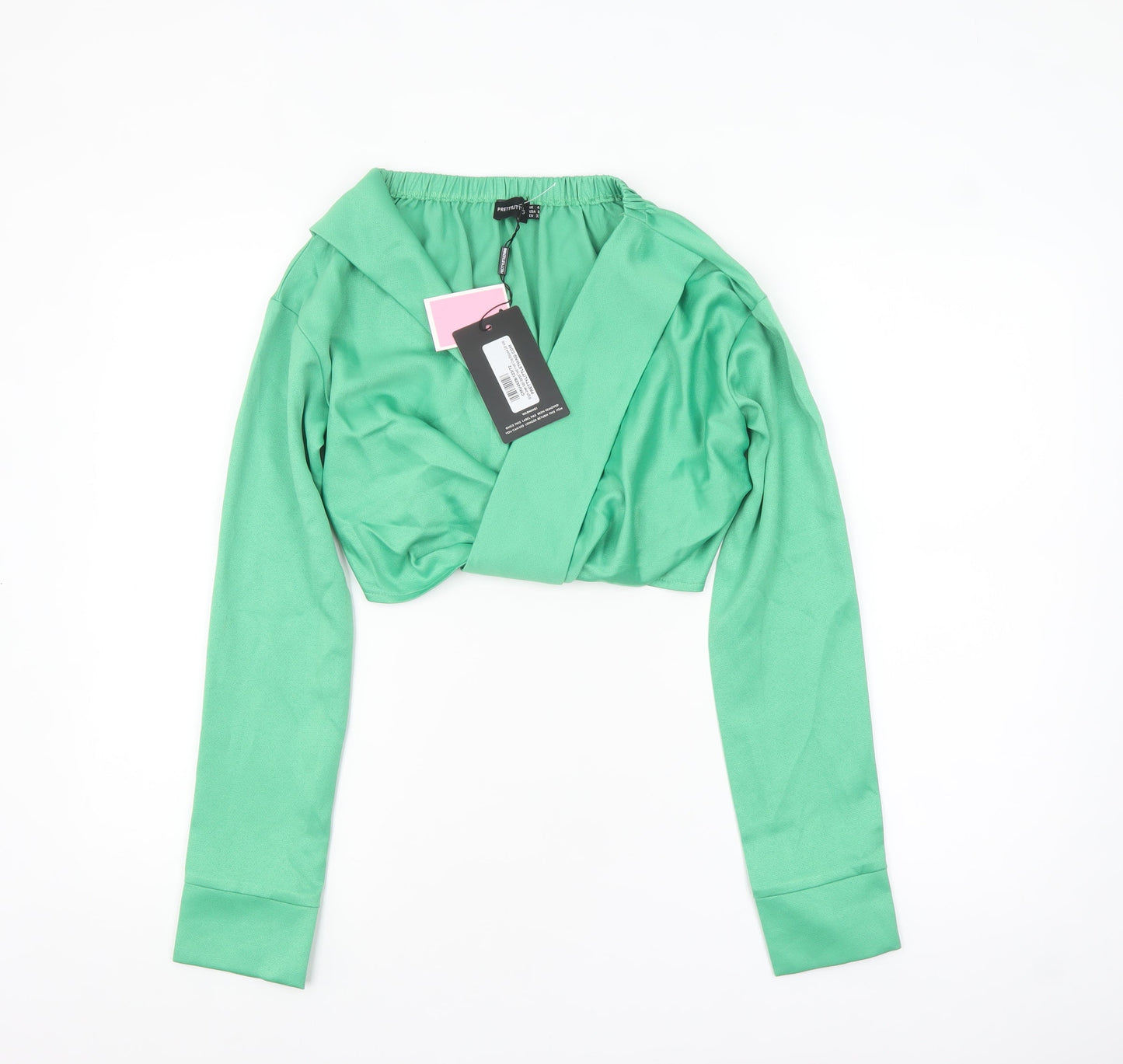 PrettyLittleThing Women’s Green Cropped Long Sleeve V-Neck Blouse UK 4