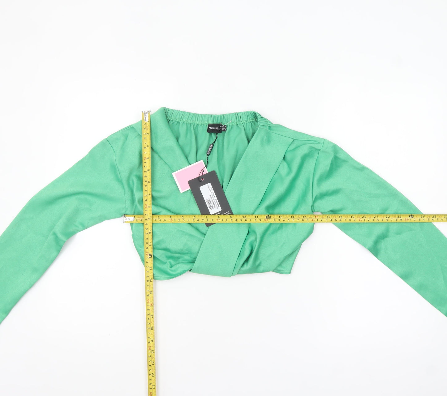 PrettyLittleThing Women’s Green Cropped Long Sleeve V-Neck Blouse UK 4