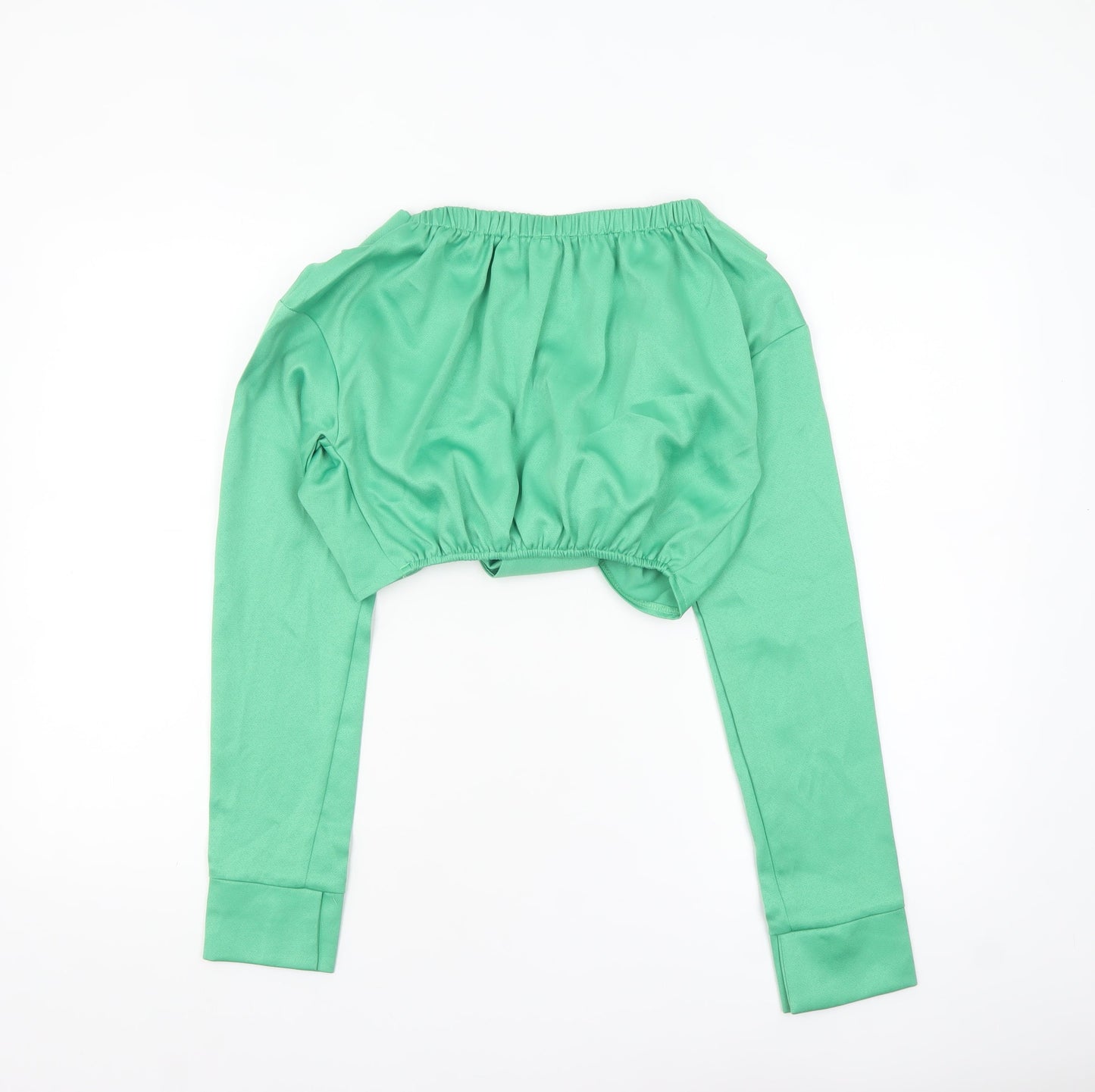 PrettyLittleThing Women’s Green Cropped Long Sleeve V-Neck Blouse UK 4