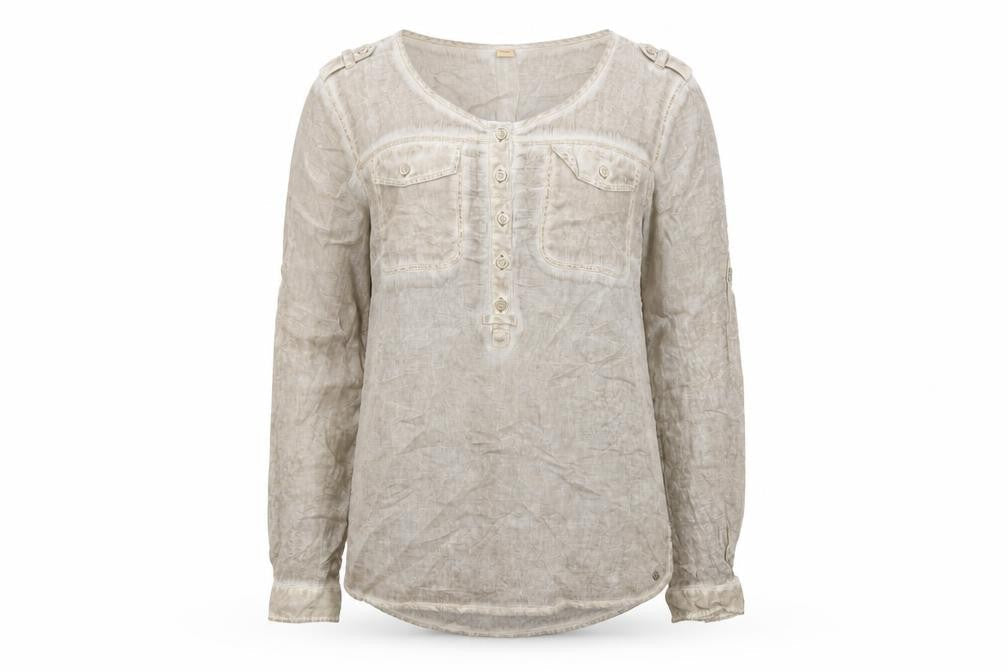 Front view of s.Oliver Women’s Beige Linen Long Sleeve Tunic Blouse, size UK 10