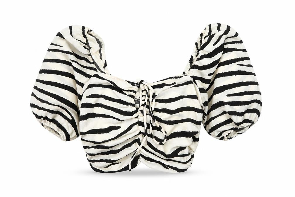 H&M Women’s Black & White Zebra Print Cropped Puff Sleeve Blouse XS