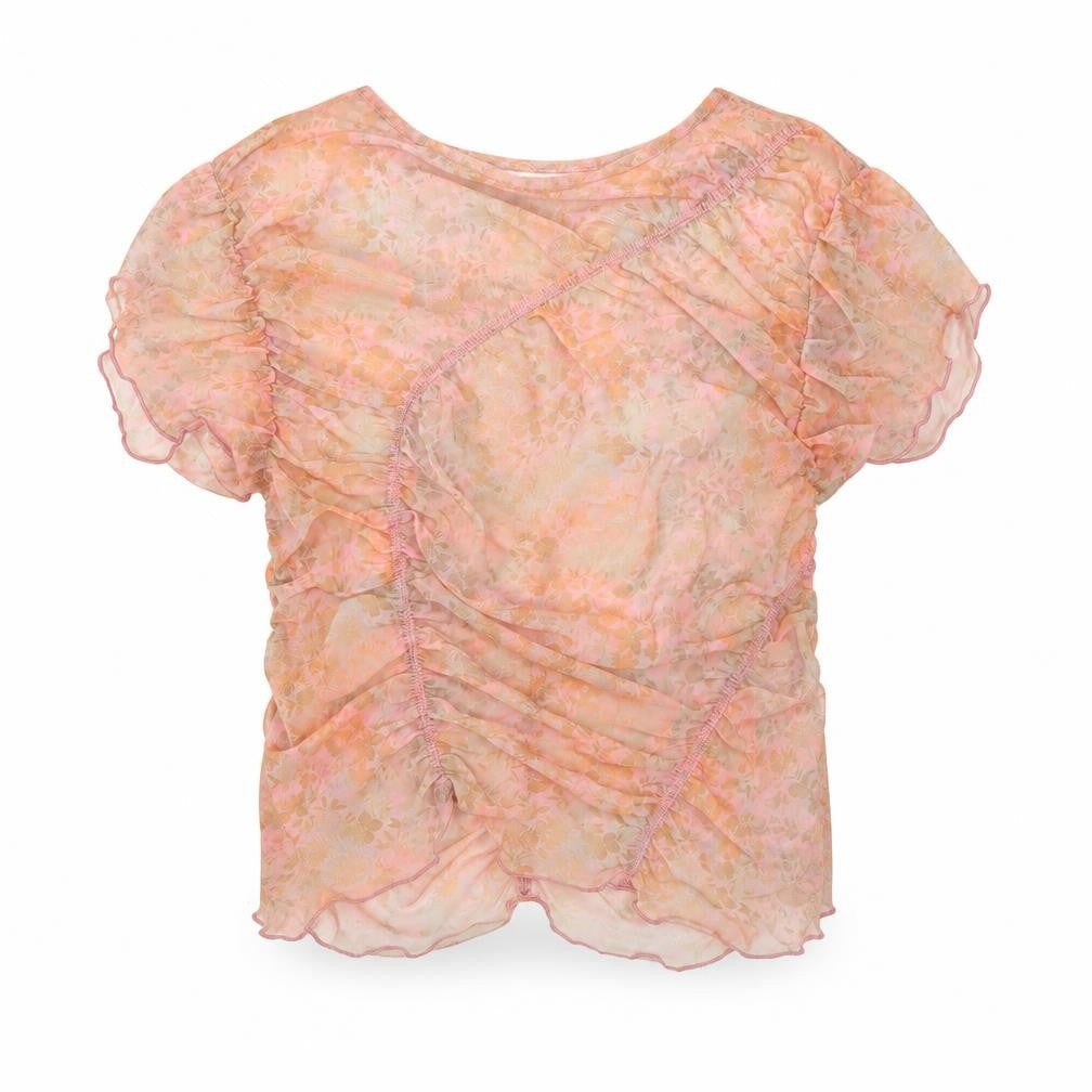 Topshop Petite Women’s Pink Floral Mesh Ruffle Blouse UK S