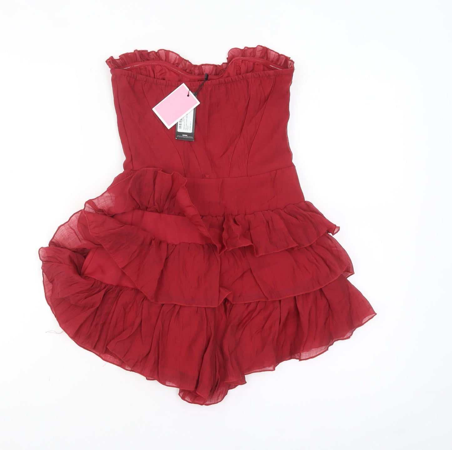 PrettyLittleThing Women's Red Strapless Ruffle Playsuit Size UK 4