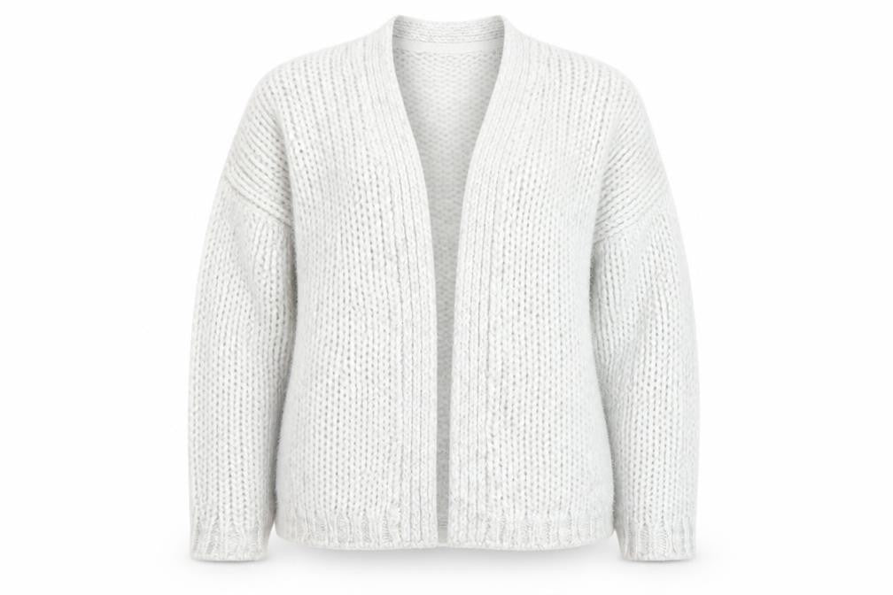 Front view of FatFace Women’s Grey Chunky-Knit Open Cardigan, size S, Wool Blend