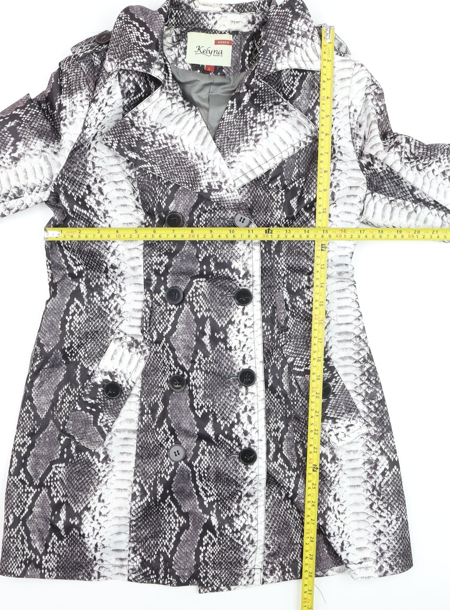 Kelyna Paris Women's Grey Snake Print Trench Coat L Belted Mid Length