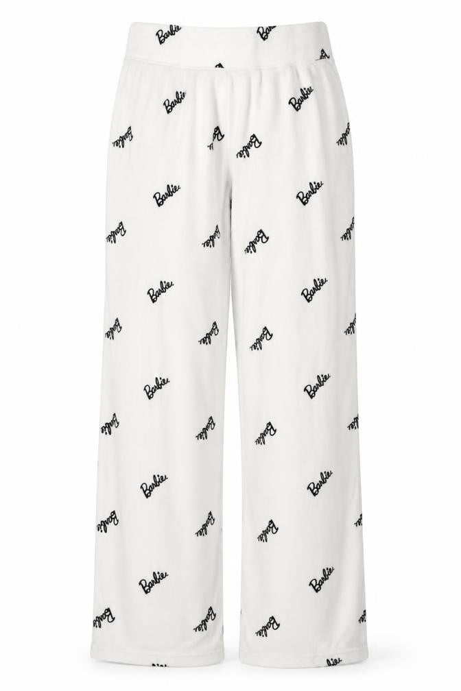 Front view of Barbie Women White Fleece Pyjama Pants Trousers, size 10-12, Very Good