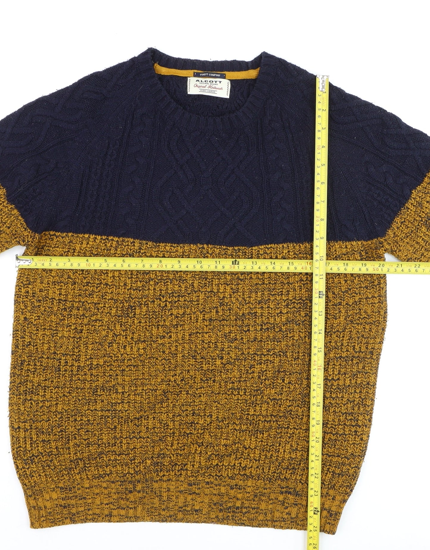 Alcott Men's Blue Yellow Chunky Cable Knit Crew Neck Jumper Size L