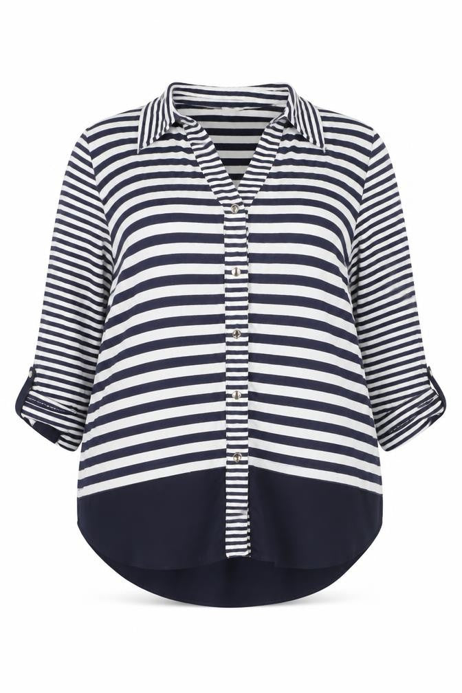 Front view of Tinta Women's Blue Striped Button-Up Collared Shirt, size 12