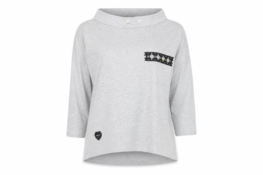 Front view of MEGI Women's Grey 3/4 Sleeve Boat Neck Jersey T-Shirt S