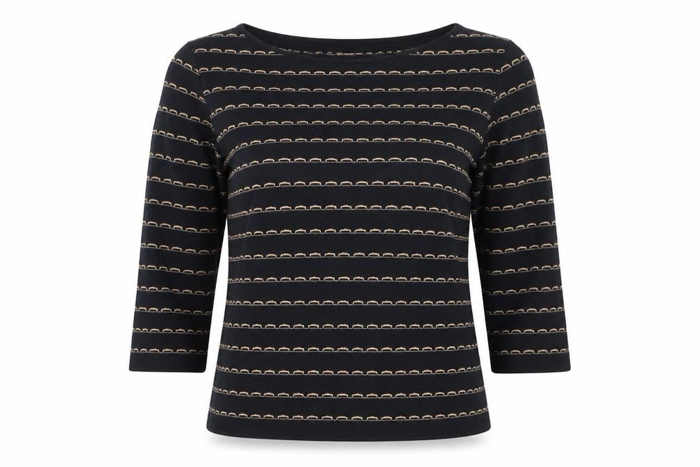 Front view of Hobbs Women’s Black Striped 3/4 Sleeve Knit Top, size S