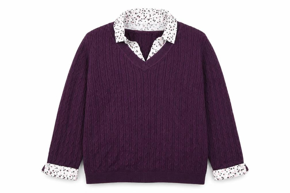 Front view of Maine New England Women's Purple Cable-Knit V-Neck Cotton Jumper, size 14