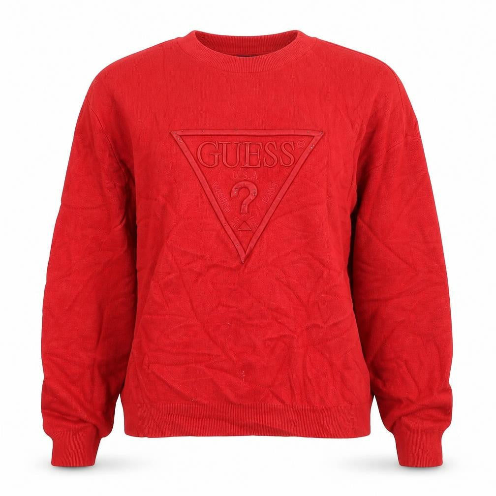 Front view of Guess women’s red crew neck logo jumper, size S