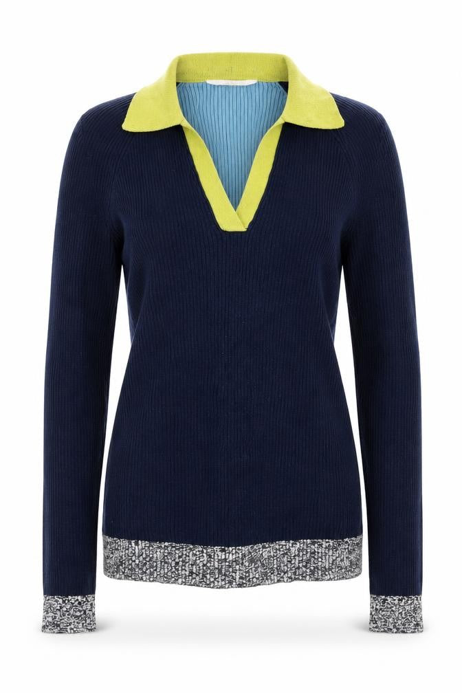 Front view of White Stuff Women’s Blue Green Polo Long Sleeve Cotton Top, size UK 8