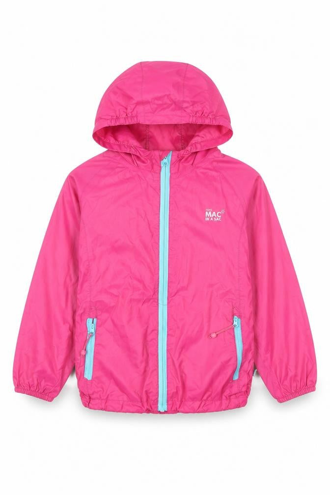 Front view of Mac In A Sac girls’ pink waterproof hooded rain coat jacket 5-7 years