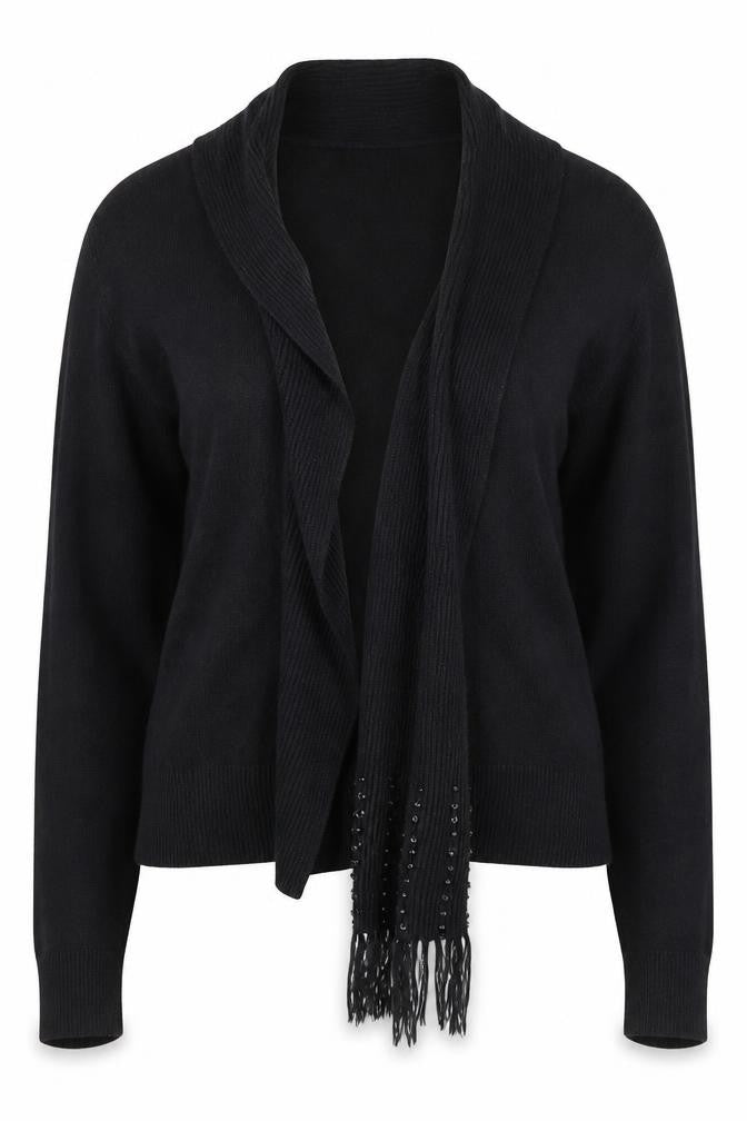 Front view of Alibi Knits Women’s Black XL Acrylic Knit Cardigan with Fringe