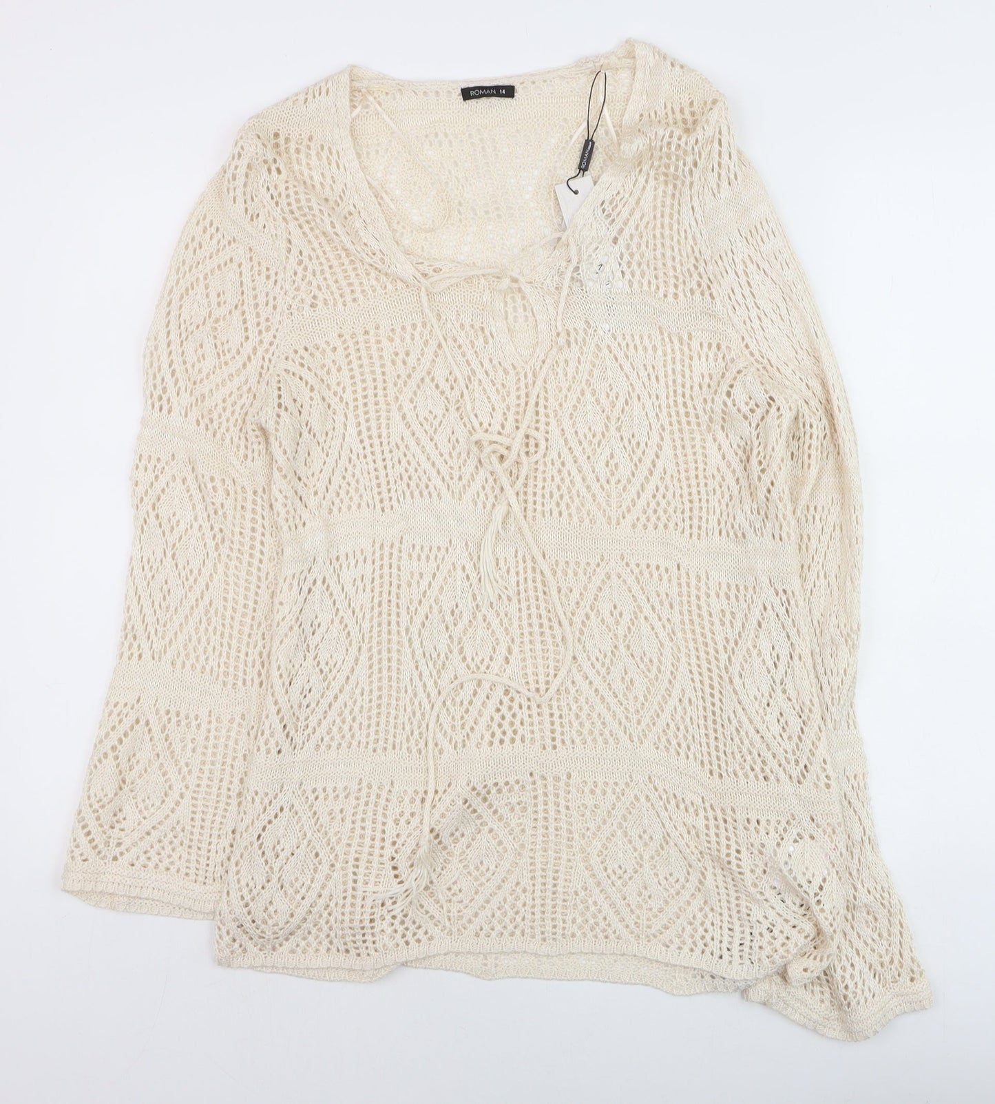 Roman Women Beige Crochet Knit Tunic Blouse Size 14 Spring Top