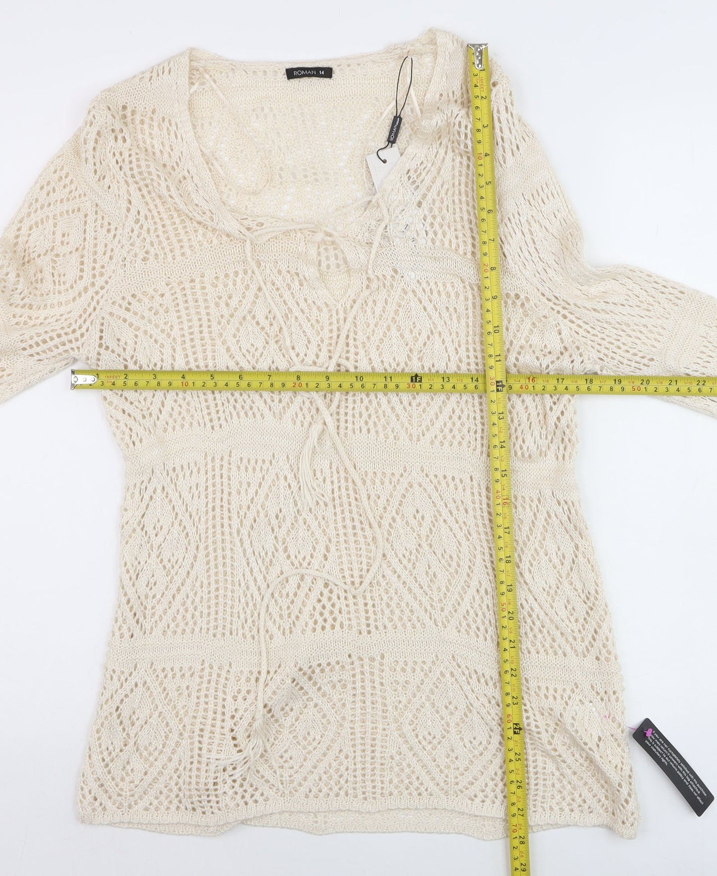 Roman Women Beige Crochet Knit Tunic Blouse Size 14 Spring Top