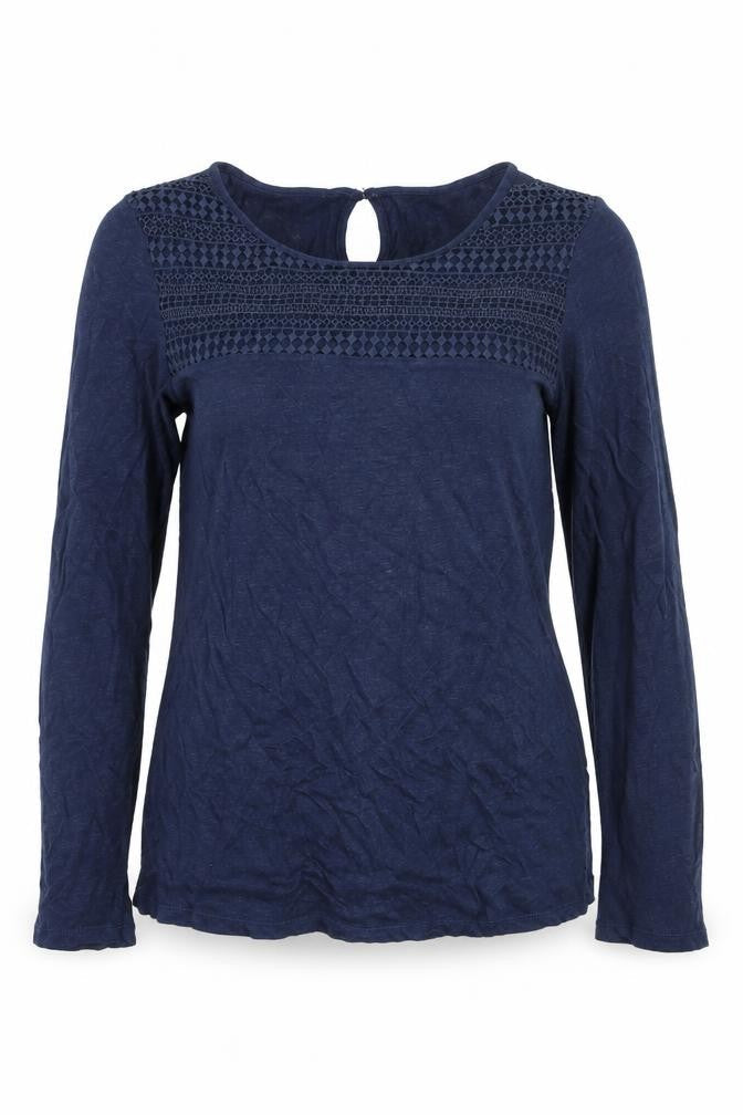 Front view of Monsoon Women’s Blue Linen Lace Long Sleeve jumper, size UK 8