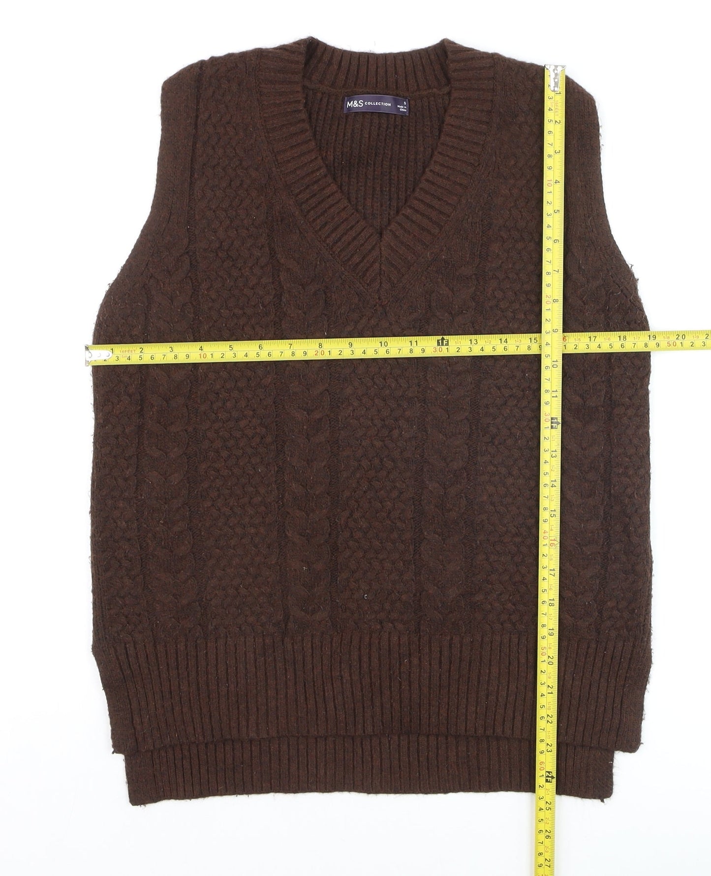 Marks and Spencer Men's Brown Cable-Knit Sleeveless V-Neck Jumper Vest Size S