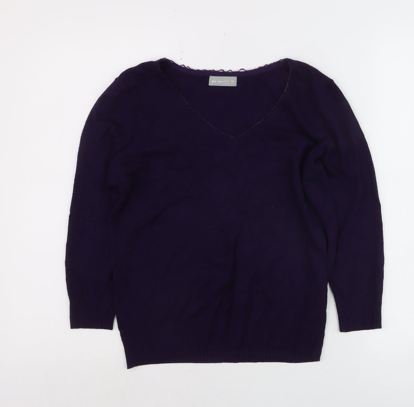 Marks and Spencer Per Una Women's Purple V-Neck Cotton Jumper Size 14