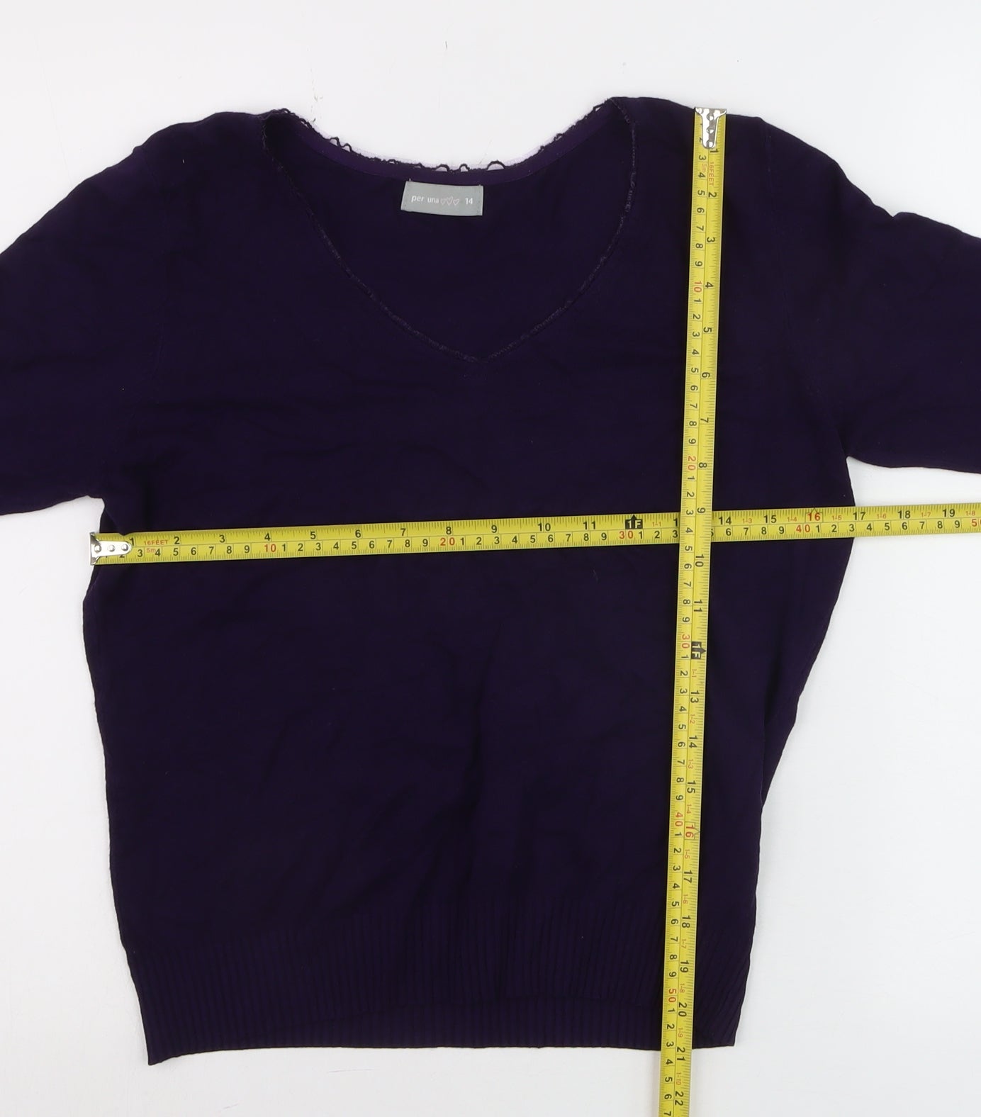 Marks and Spencer Per Una Women's Purple V-Neck Cotton Jumper Size 14