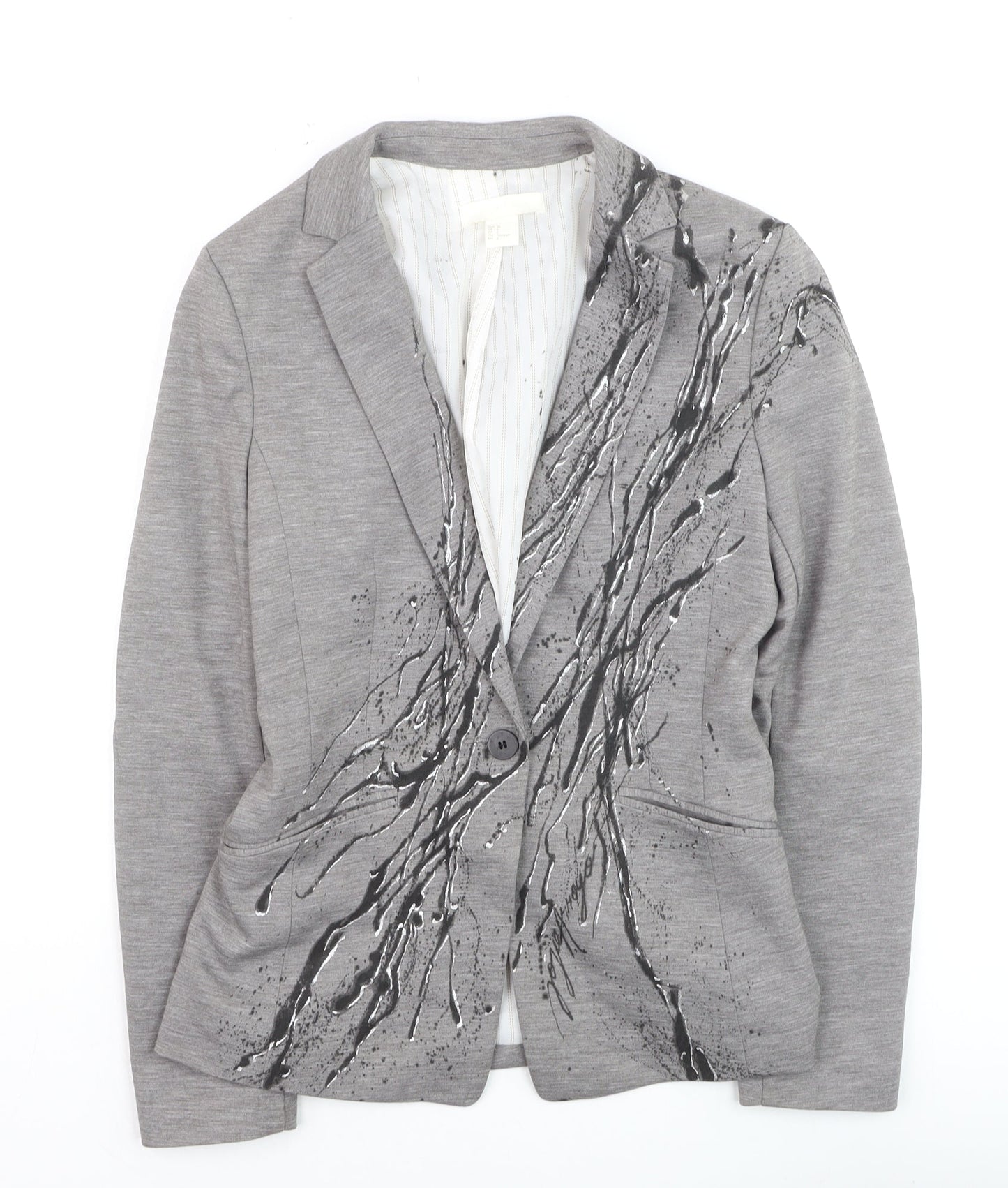 H&M Women’s Grey Abstract Print Single-Breasted Blazer Size 8