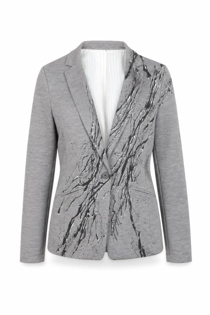 Front view of H&M Women’s Grey Abstract Print Single-Breasted Blazer, size UK 8