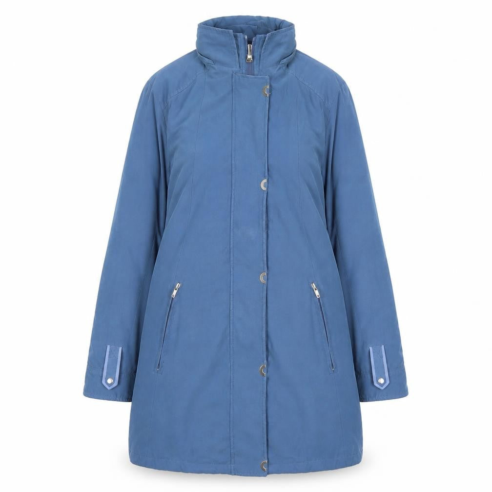 Front view of Katherine Hammond Women's Blue Long Coat, size 14, Lined Overcoat