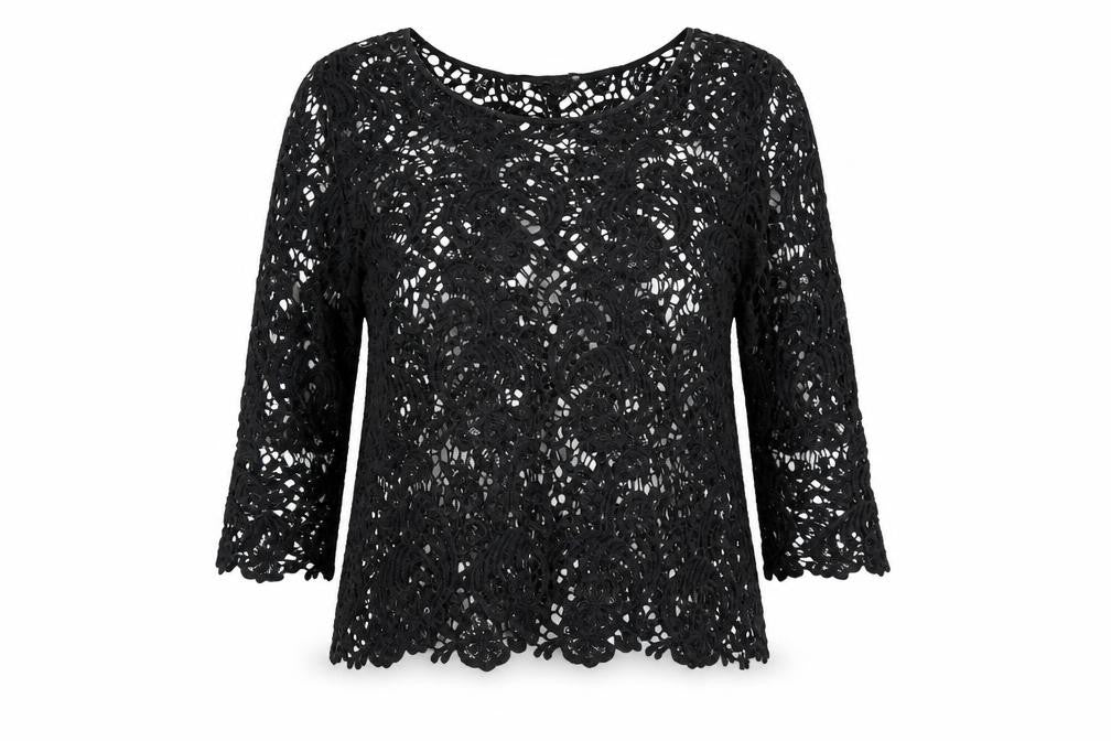 Front view of Steilmann Women's Black Lace 3/4 Sleeve Blouse, size 10