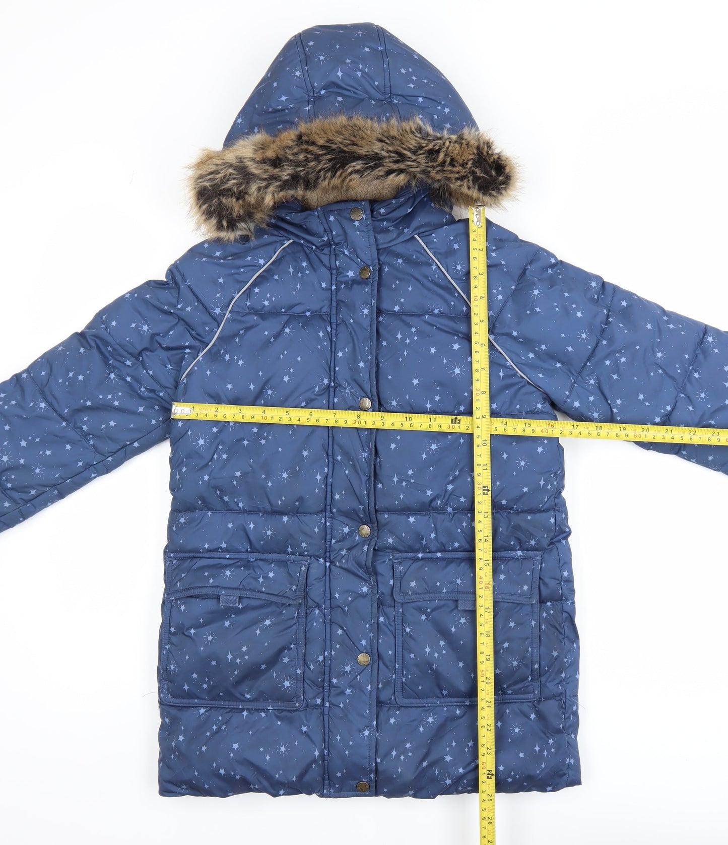 FatFace Teens Blue Star Print Hooded Long Puffer Coat 9/10