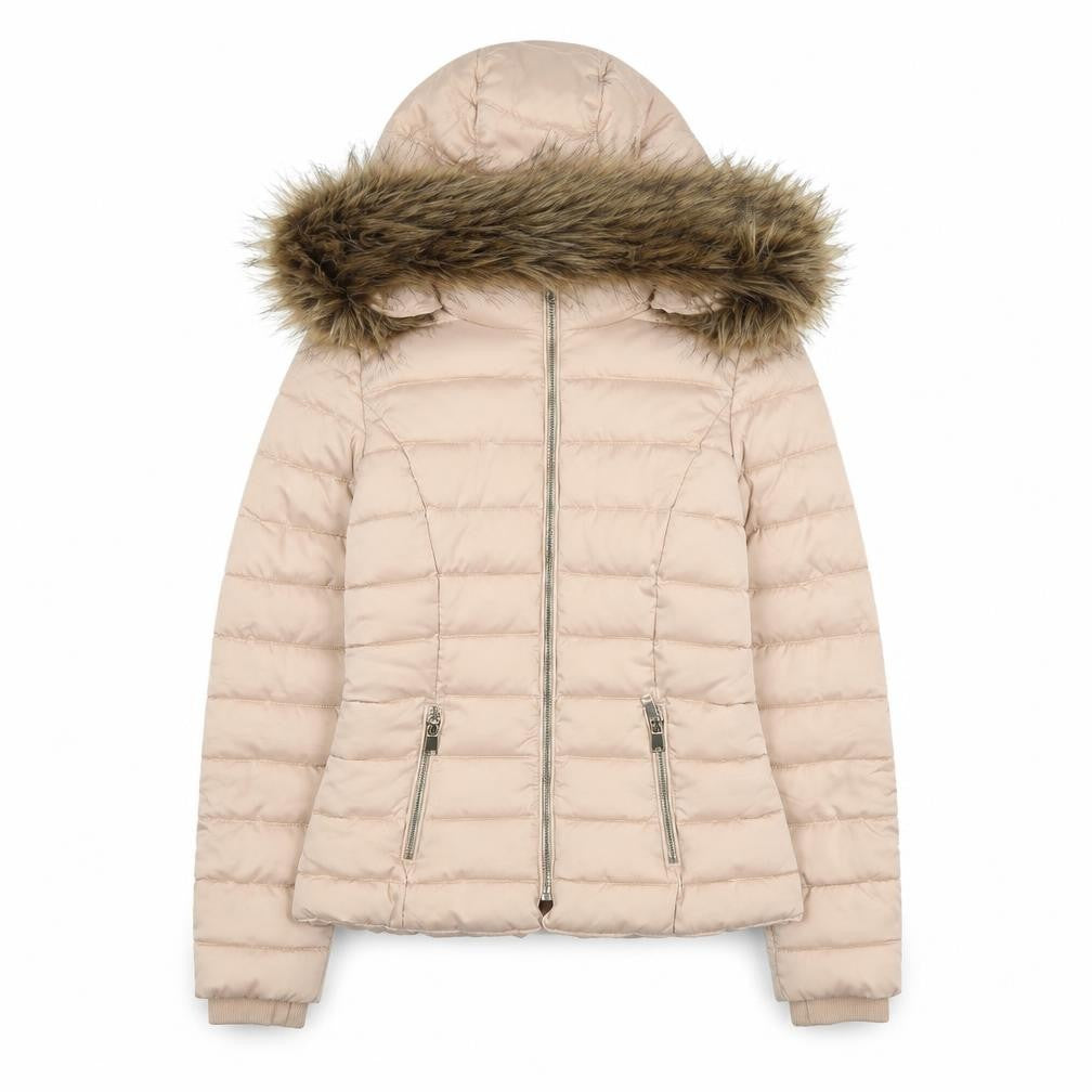 Front view of H&M Divided Women’s Beige Faux Fur Hooded Puffer Jacket, size UK 4