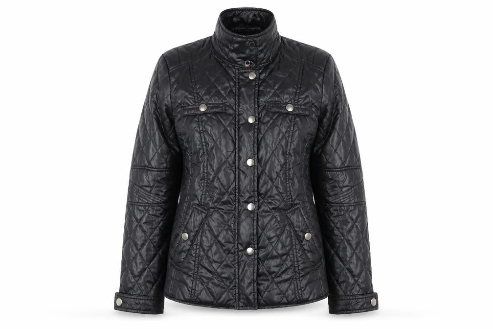 Front view of b.young Women's Black Quilted Short Jacket, size 10