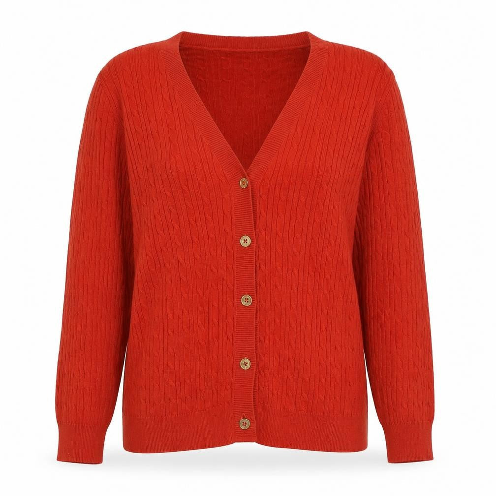 Front view of Chaps women’s red cotton cable knit cardigan l v-neck long sleeve
