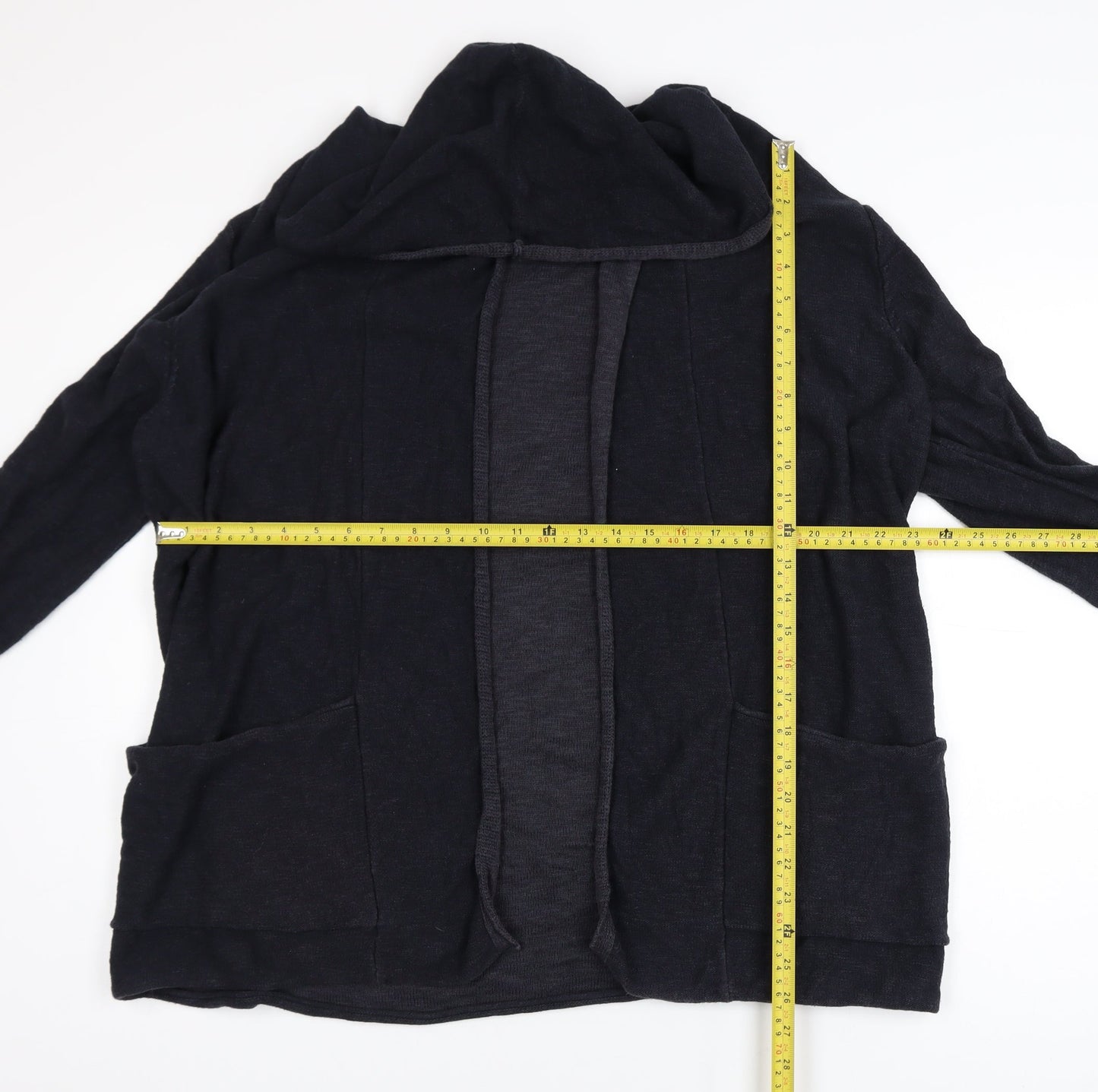 Review Womens Black Cotton Knit Cardigan L Hooded Open Front